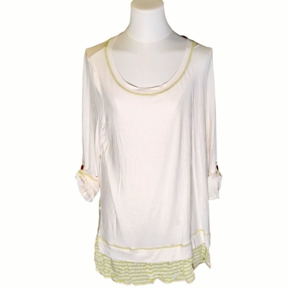 Matilda Jane Cream Lime Striped Blouse Cuffs Amber Buttons Size Medium